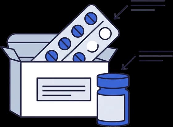 An opened medicine carton with a labelled batch and a part-used blister strip.