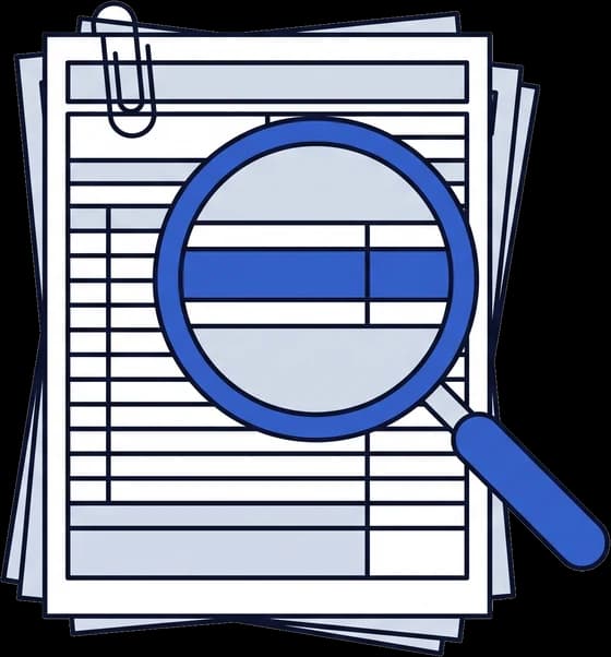 A clipped stack of panel claim forms with a magnifying glass over one highlighted row.