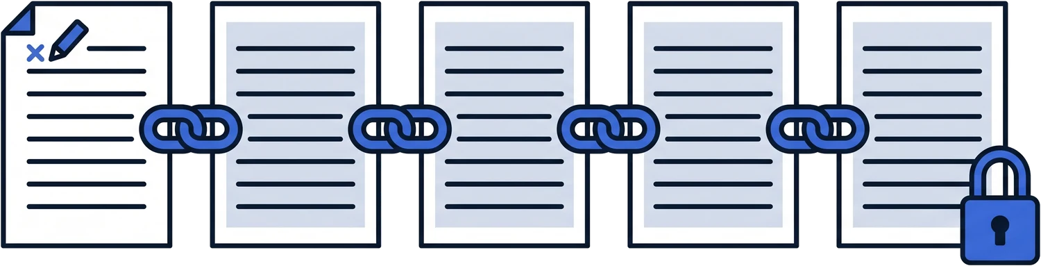 Five record sheets in a row, each chained to the next so none can be removed, with a padlock on the last.