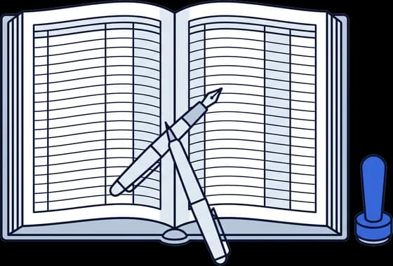 An open hardbound register ruled into numbered columns, with a stamp and a pen beside it.